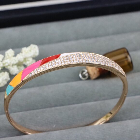 Rose Gold Bangle with Colorful Enamel and Sparkling CZ Stones, XPBL0429 - Picture 9 of 9